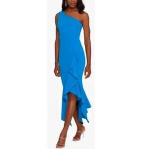 Xscape Women's Blue Ruffle One-Shoulder Sleeve Midi Bodycon Dress Size 12 NWT